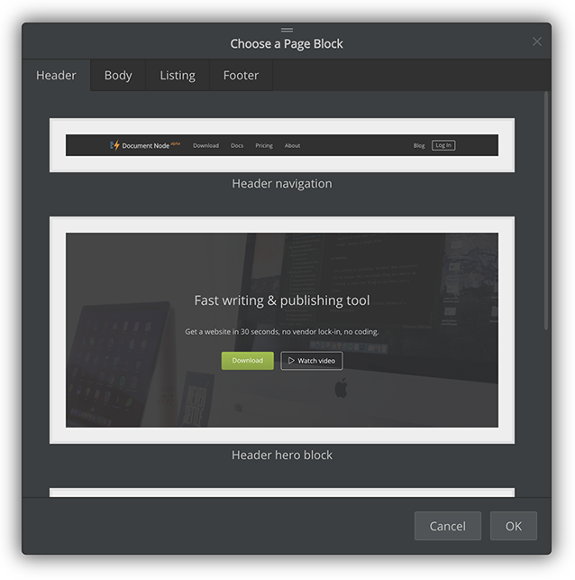 screen sitebuilder custom page choose block